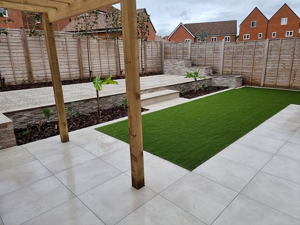 Patio installation using porcelain paving in Whiteley